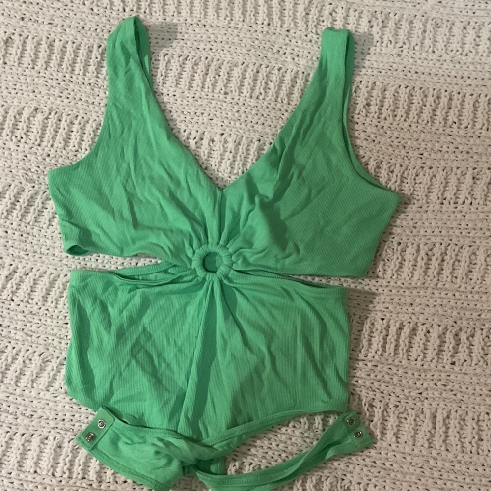 wild fable Bright Green Ribbed Cutout Bandeau Bodysuit with Ring Detail